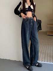 Washed Dark Blue Eyelet Decor High Waist Boyfriend Jeans