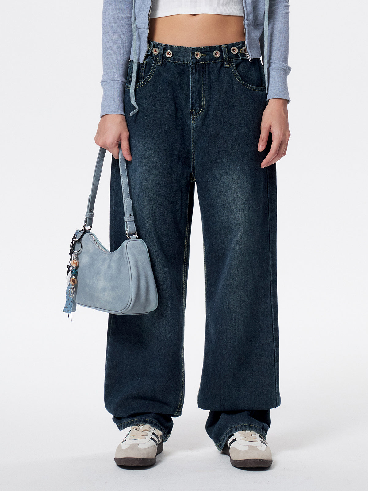 Washed Dark Blue Eyelet Decor High Waist Boyfriend Jeans