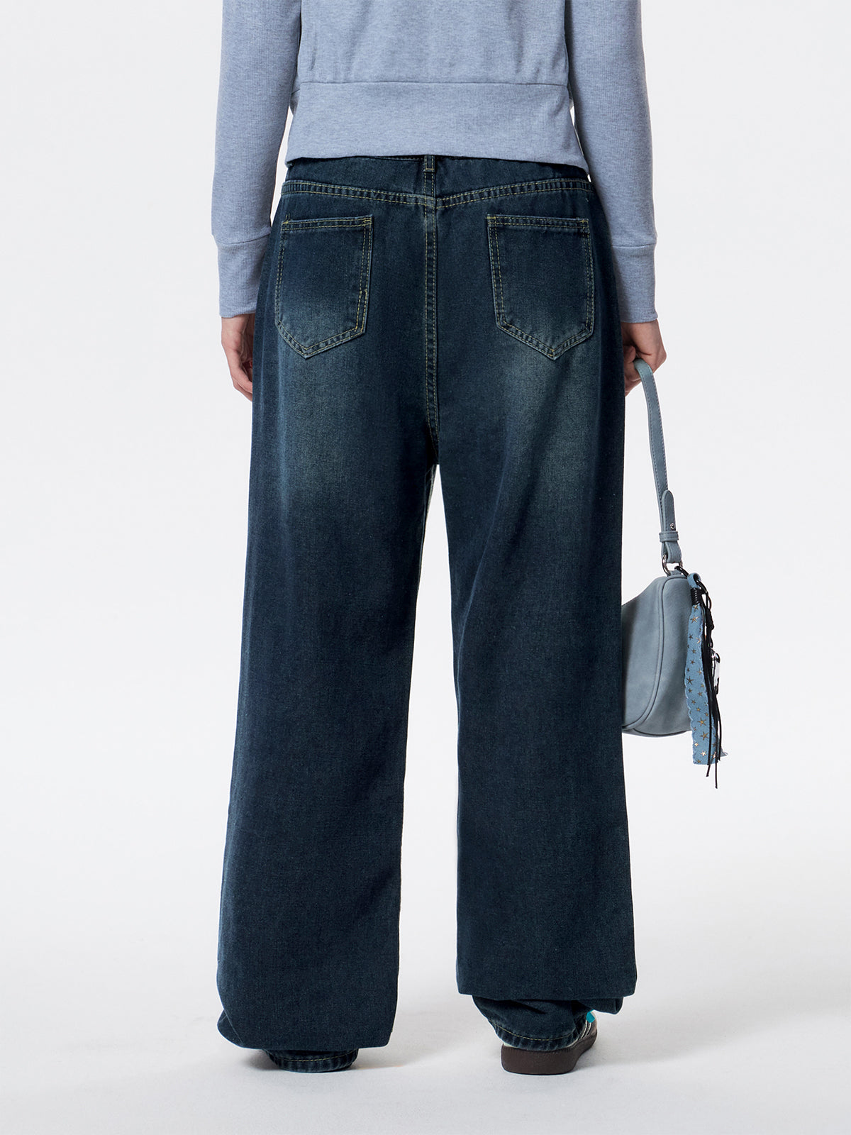 Washed Dark Blue Eyelet Decor High Waist Boyfriend Jeans