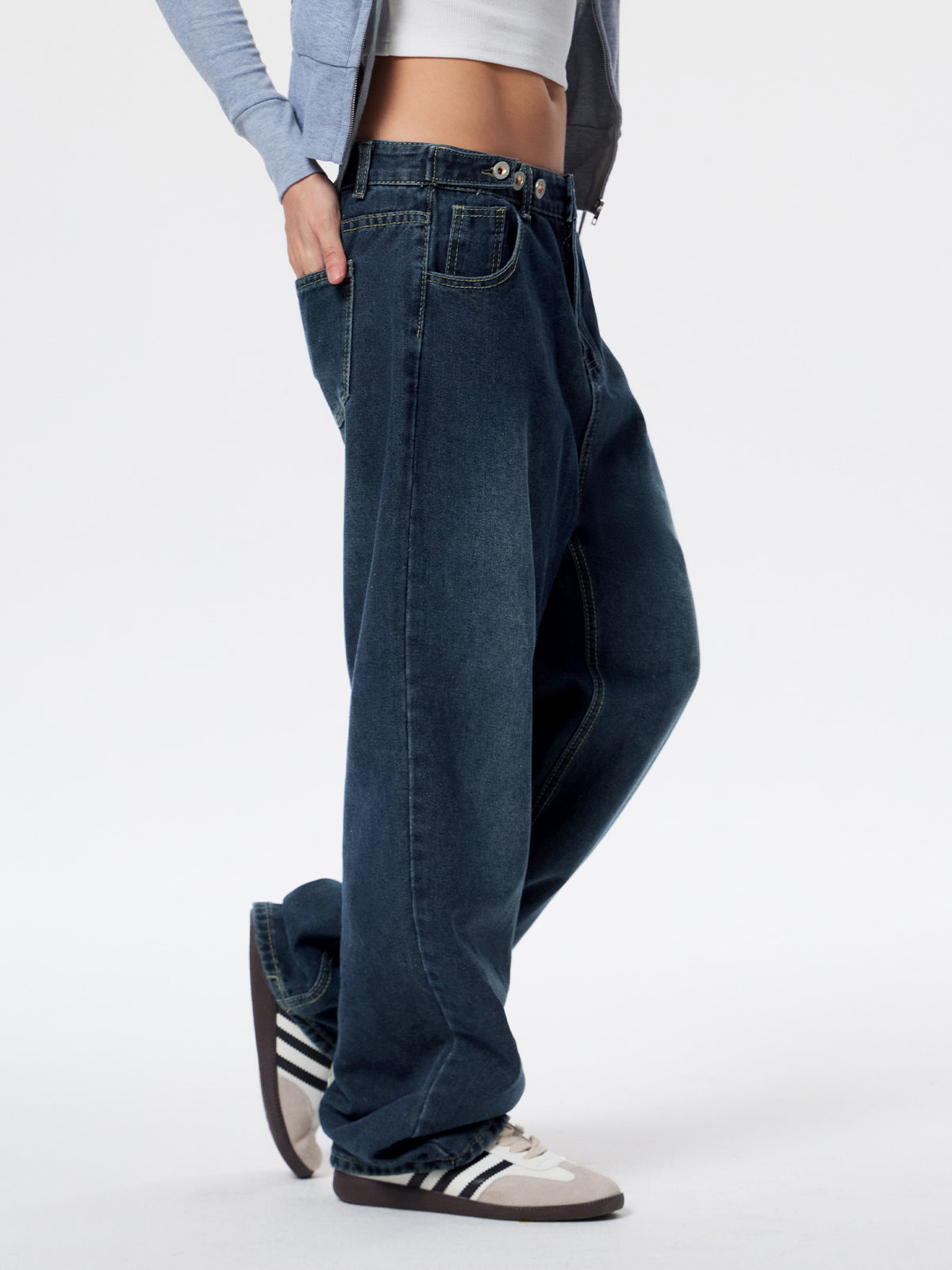 Washed Dark Blue Eyelet Decor High Waist Boyfriend Jeans