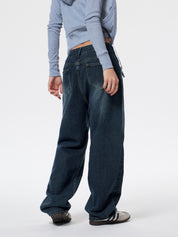 Washed Dark Blue Eyelet Decor High Waist Boyfriend Jeans