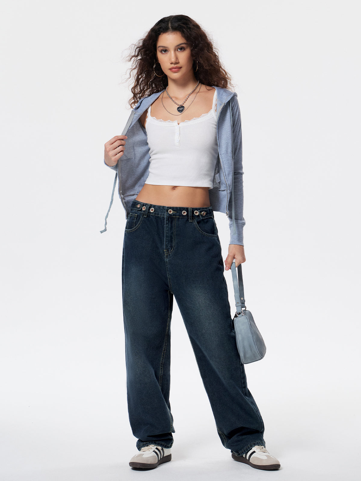 Washed Dark Blue Eyelet Decor High Waist Boyfriend Jeans