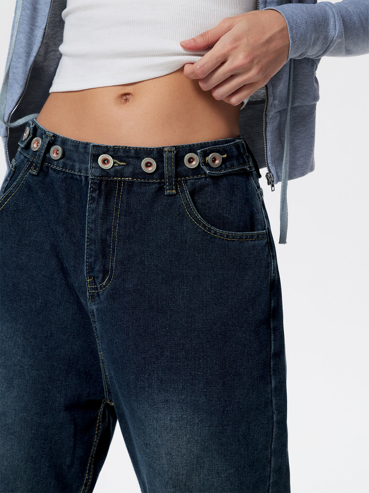 Washed Dark Blue Eyelet Decor High Waist Boyfriend Jeans