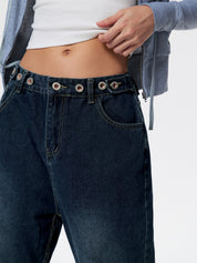 Washed Dark Blue Eyelet Decor High Waist Boyfriend Jeans