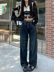 Washed Dark Blue Eyelet Decor High Waist Boyfriend Jeans