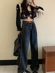Washed Dark Blue Eyelet Decor High Waist Boyfriend Jeans