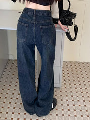 Washed Dark Blue Eyelet Decor High Waist Boyfriend Jeans