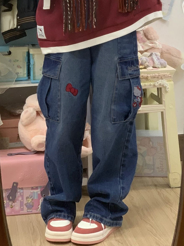 Cartoon Embroidery High Waist Loose Boyfriend Jeans