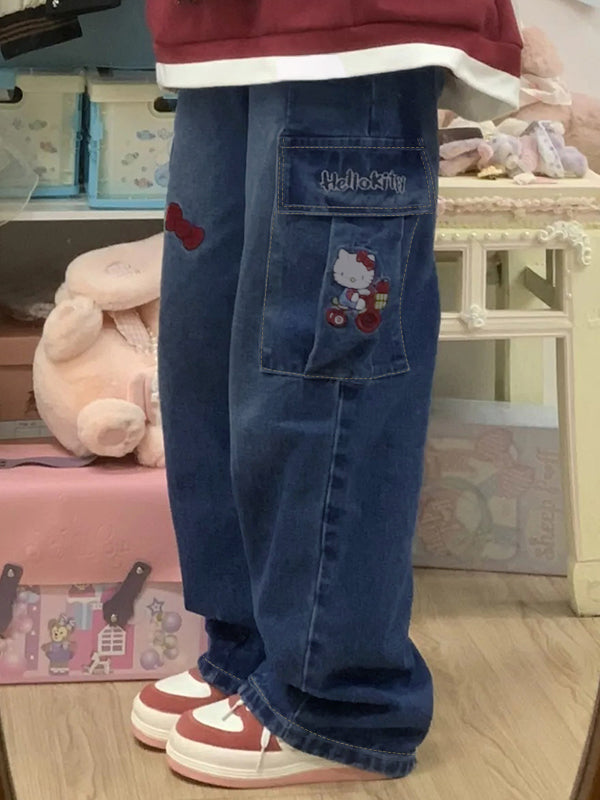 Cartoon Embroidery High Waist Loose Boyfriend Jeans