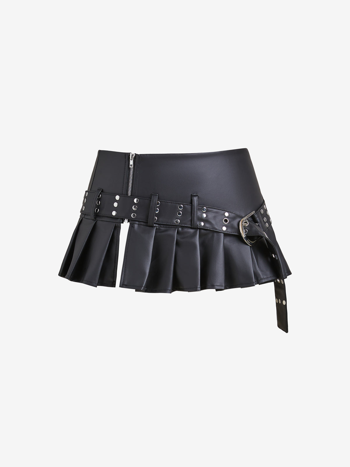 Punk Rivet Belted Pleated Slit Leather Mini Skirt