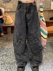 Washed Irregular Pocket Splice Cargo Jeans