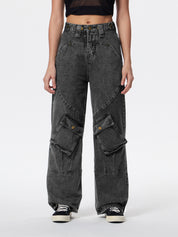 Washed Irregular Pocket Splice Cargo Jeans
