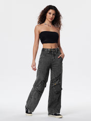 Washed Irregular Pocket Splice Cargo Jeans