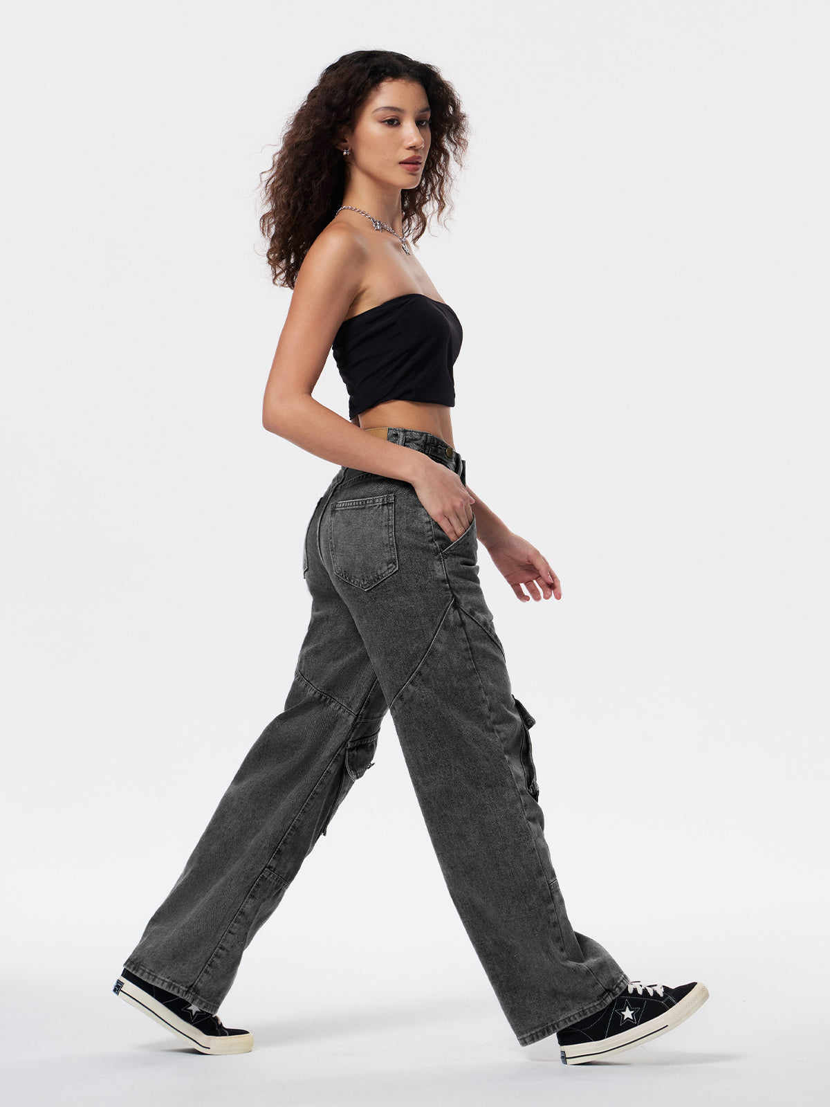 Washed Irregular Pocket Splice Cargo Jeans