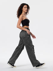 Washed Irregular Pocket Splice Cargo Jeans