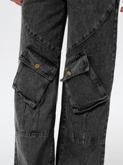 Washed Irregular Pocket Splice Cargo Jeans