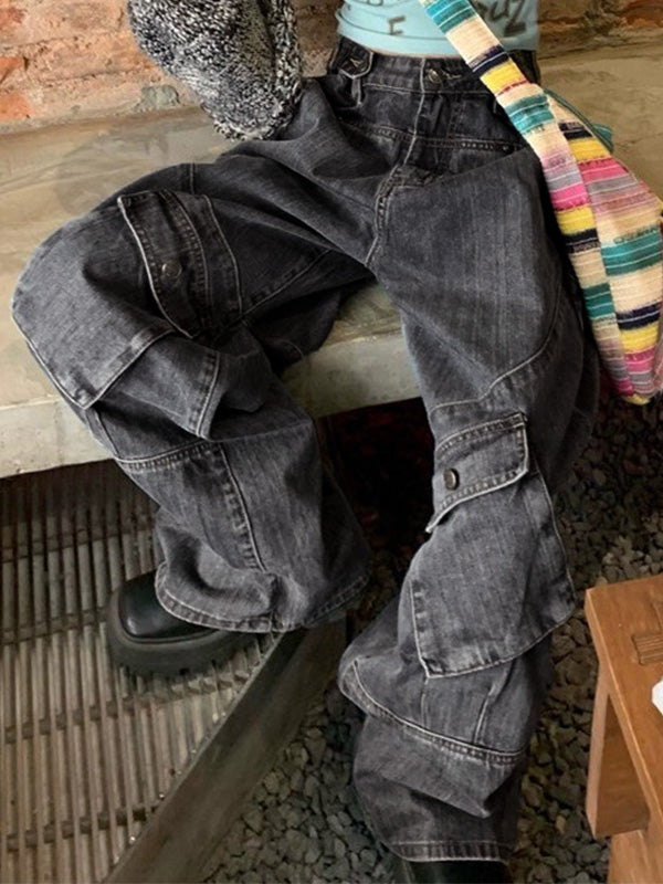 Washed Irregular Pocket Splice Cargo Jeans