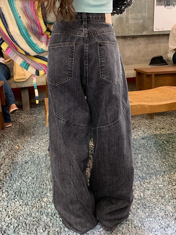 Washed Irregular Pocket Splice Cargo Jeans