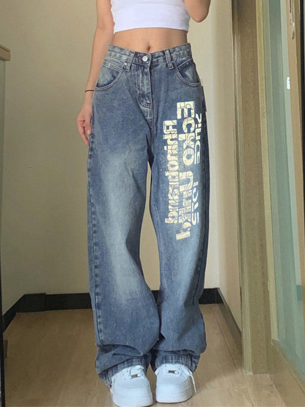 Washed Letter Print High Waist Boyfriend Jeans