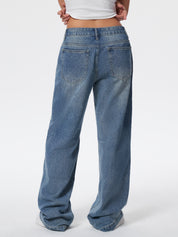 Washed Letter Print High Waist Boyfriend Jeans
