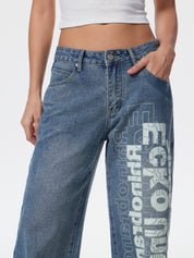 Washed Letter Print High Waist Boyfriend Jeans