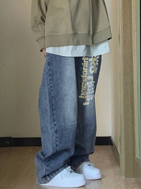 Washed Letter Print High Waist Boyfriend Jeans
