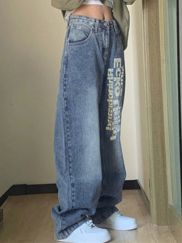 Washed Letter Print High Waist Boyfriend Jeans