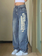 Washed Letter Print High Waist Boyfriend Jeans