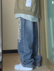 Washed Letter Print High Waist Boyfriend Jeans
