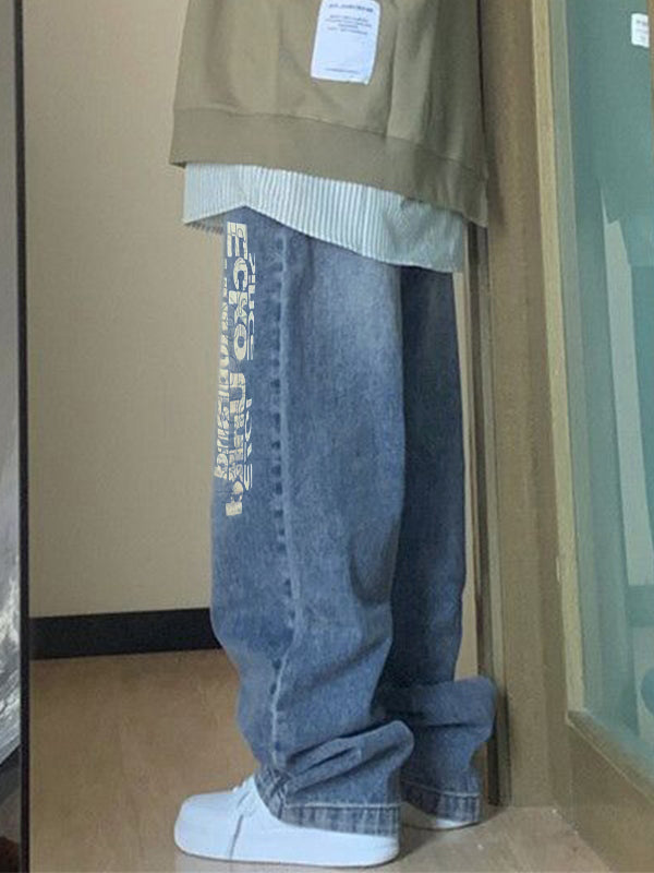 Washed Letter Print High Waist Boyfriend Jeans