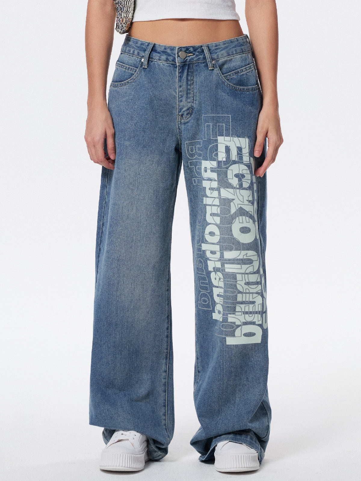 Washed Letter Print High Waist Boyfriend Jeans