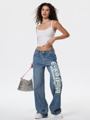 Washed Letter Print High Waist Boyfriend Jeans