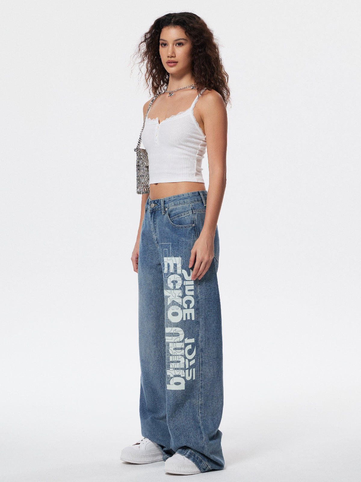 Washed Letter Print High Waist Boyfriend Jeans