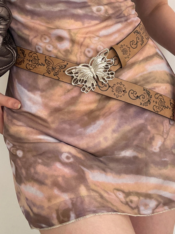 Vintage Embossed Metal Butterfly Buckle Belt