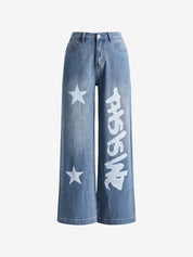 Washed Star Letter Print Boyfriend Jeans