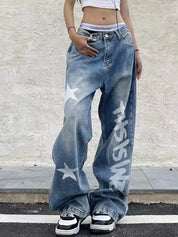 Washed Star Letter Print Boyfriend Jeans