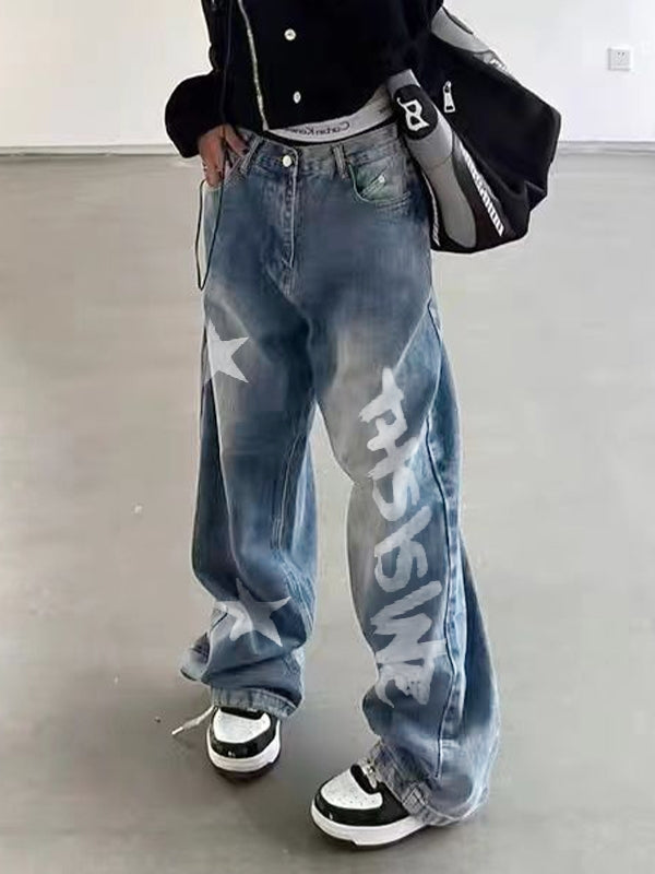 Washed Star Letter Print Boyfriend Jeans
