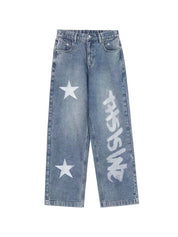 Washed Star Letter Print Boyfriend Jeans