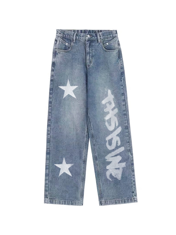 Washed Star Letter Print Boyfriend Jeans