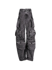 Washed Distressed Gray Multi Pocket Splice Cargo Jeans