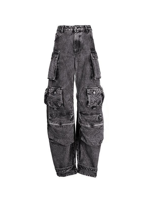 Washed Distressed Gray Multi Pocket Splice Cargo Jeans