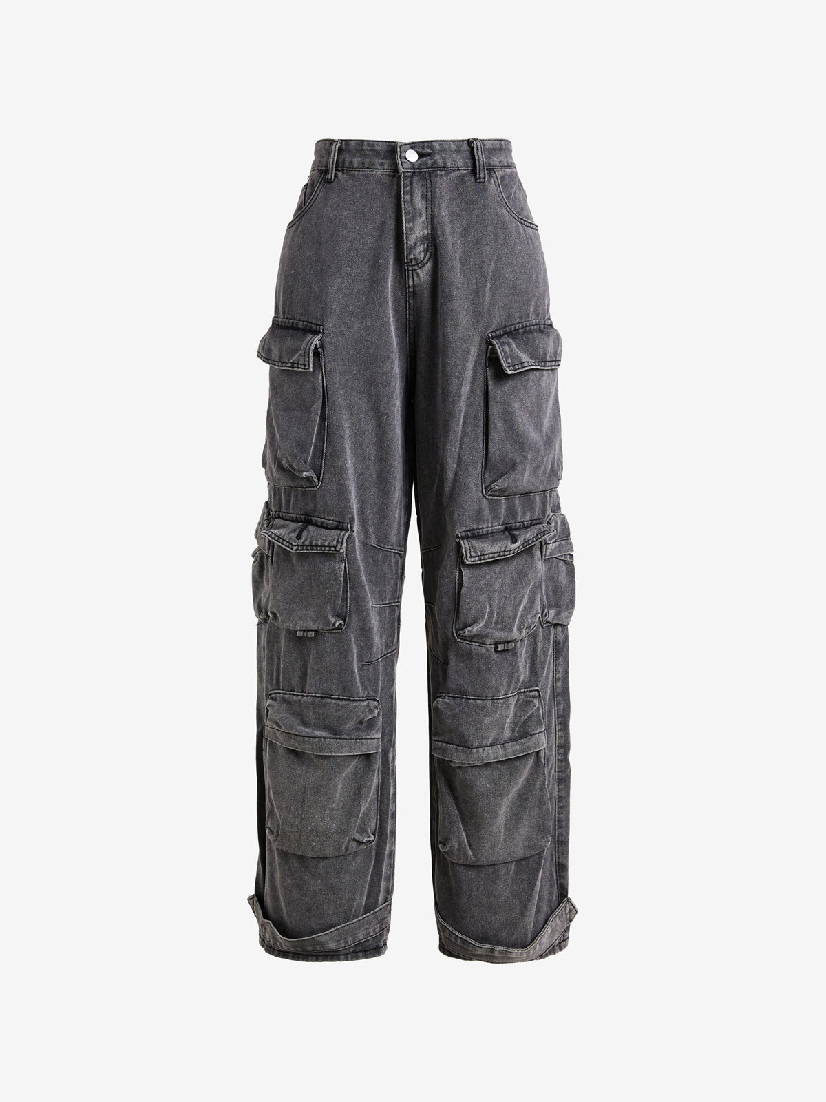 Washed Distressed Gray Multi Pocket Splice Cargo Jeans
