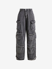 Washed Distressed Gray Multi Pocket Splice Cargo Jeans