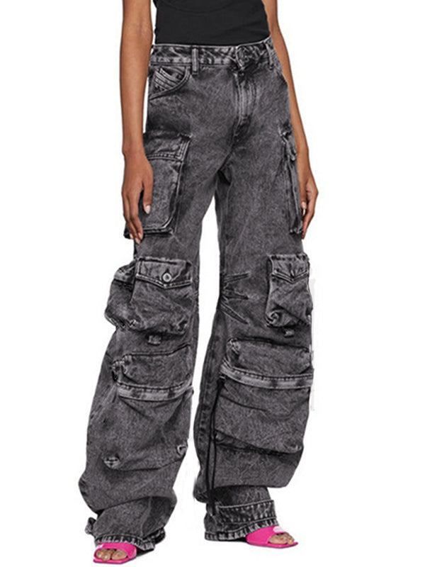 Washed Distressed Gray Multi Pocket Splice Cargo Jeans