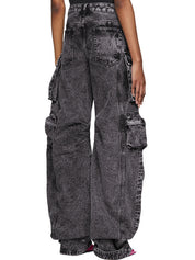 Washed Distressed Gray Multi Pocket Splice Cargo Jeans