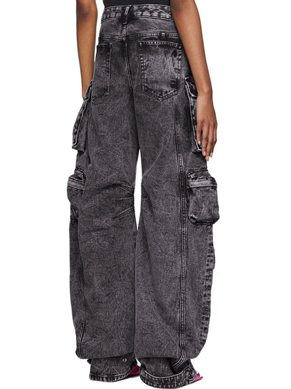 Washed Distressed Gray Multi Pocket Splice Cargo Jeans
