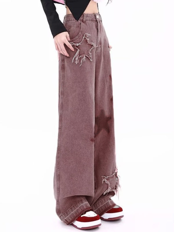 Vintage Star Print Embroidery Boyfriend Jeans