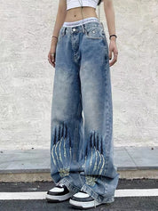 Street Skeleton Hand Print Boyfriend Jeans