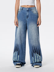 Street Skeleton Hand Print Boyfriend Jeans