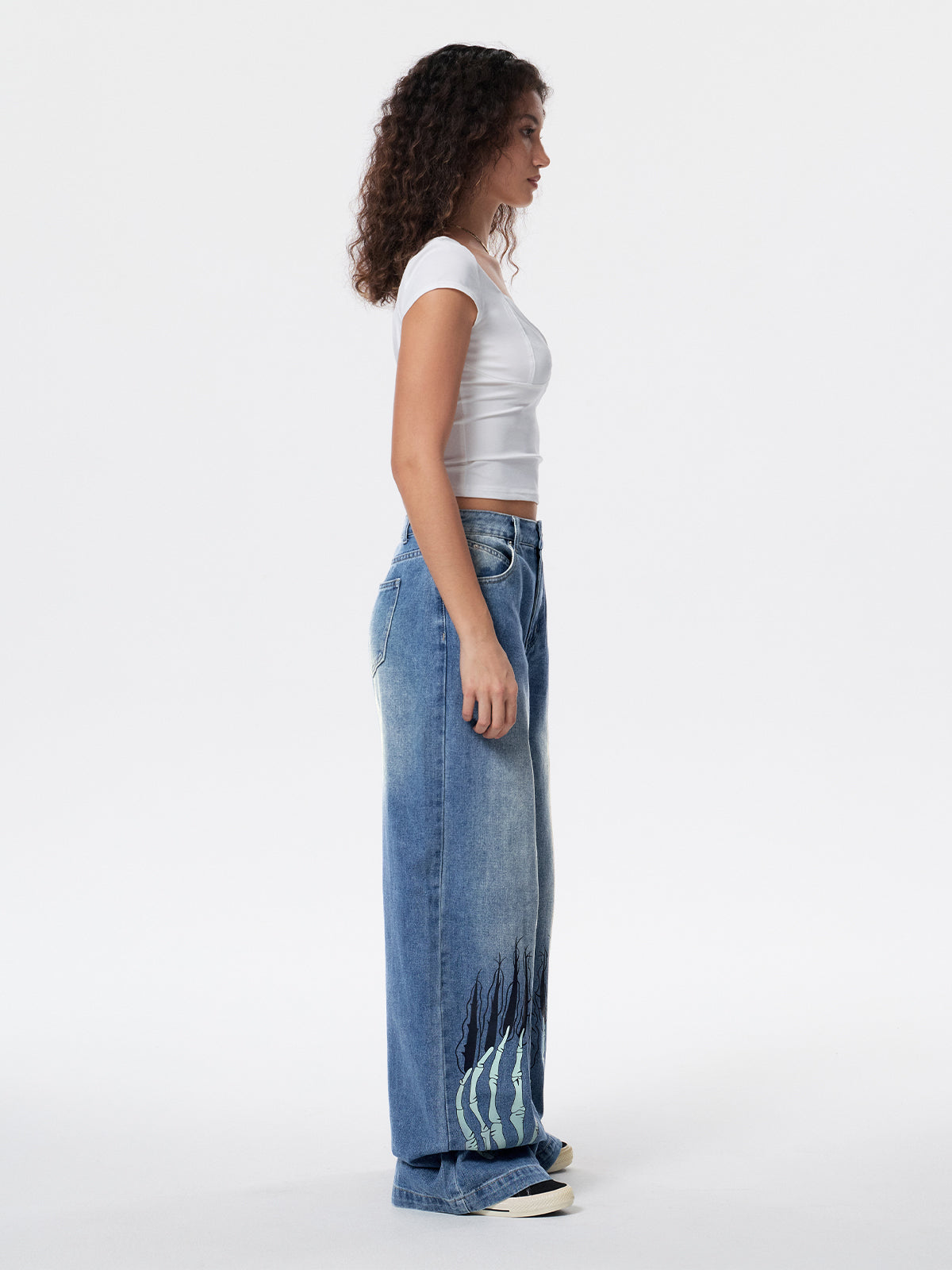 Street Skeleton Hand Print Boyfriend Jeans